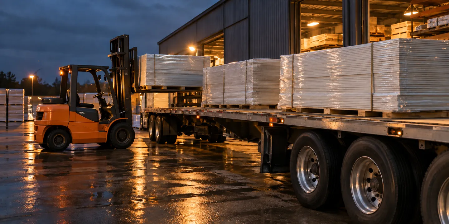 Forklift, paletli alçı levhaları depo önünde TIR'a yüklüyor